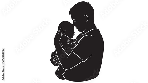 Silhouette illustration of a father lovingly holding his newborn baby, a touching moment.
