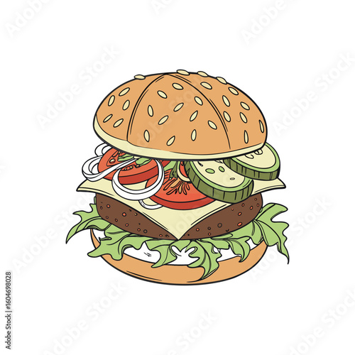 A delicious beef cheeseburger with sesame bun, fresh lettuce, and tomato, isolated on white, perfect for a fast food lunch or dinner EPS file download.
