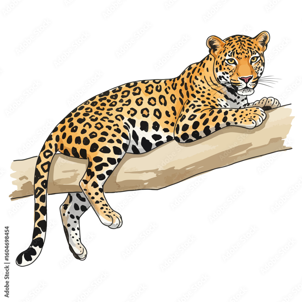 Obraz premium Detailed illustration of a powerful spotted jaguar relaxing on a tree branch wildlife art