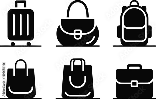 Collection of six black silhouette icons representing different types of bags and luggage