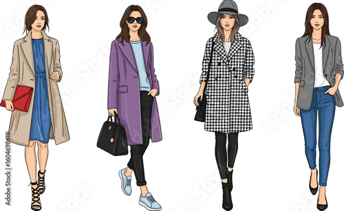 Cad drawing flat vector illustration, elegant fashion looks, trendy clothing styles, character outfit set, casual chic ensemble, stylish wardrobe mix