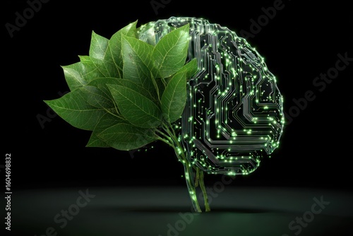 Half brain, half leaves, glowing circuits