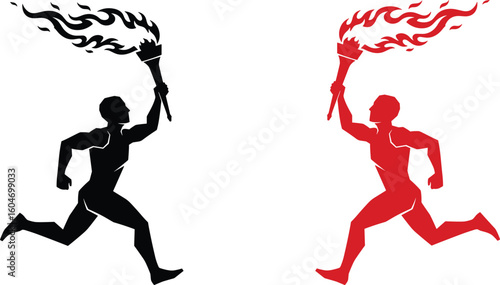 Silhouette runners holding flaming torches, black and red figures in motion, cad drawing flat vector illustration for sport, relay, energy themes