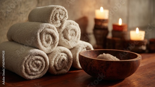 Rolled towels, wooden bowl, candles