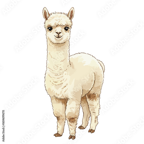 Cute fluffy white alpaca cartoon illustration isolated on a clean background smiling
