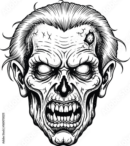 Cad drawing flat vector illustration, scary zombie skull head, creepy horror portrait, skeletal face art, undead character design, spooky anatomy