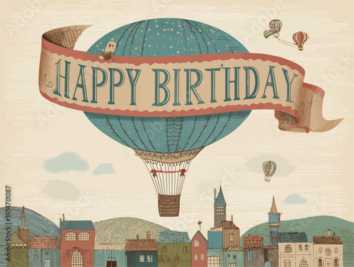 Vintage-style happy birthday illustration with hot air balloon, rolling hills landscape, and whimsical banner design perfect for greeting cards and celebration materials