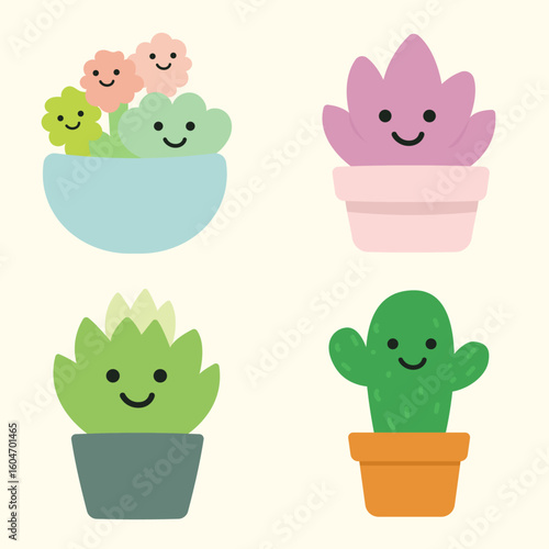 Cute Kawaii Succulent and Cactus Vector Set in Pots III
