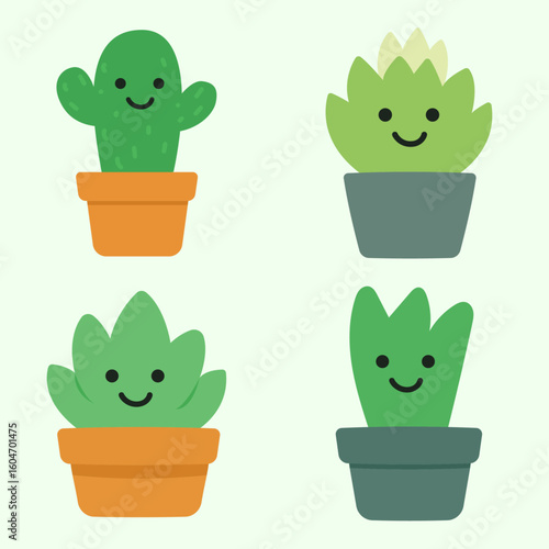 Cute Kawaii Succulent and Cactus Vector Set in Pots I