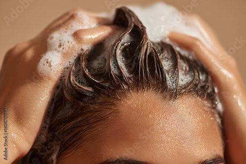 Hands lathering shampoo into hair, focused on hair texture and foam, set in a warm bathroom environment