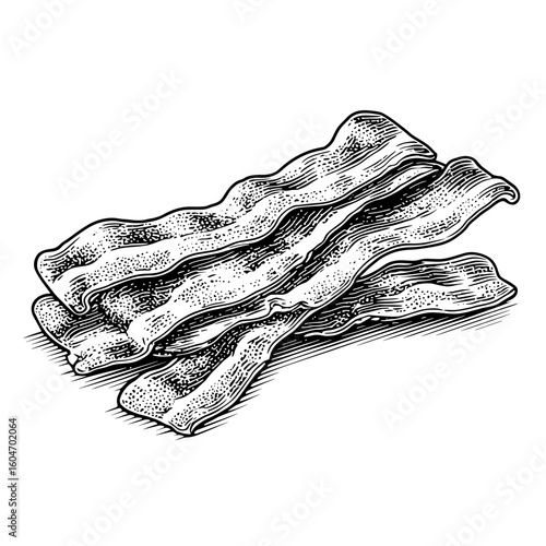 Strips of crispy bacon with curled edges on a white background  