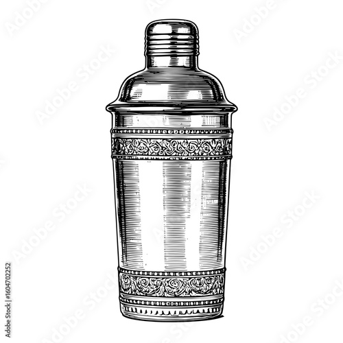 Classic cylindrical cocktail shaker made of reflective metal  