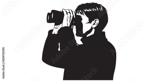 Vector illustration of a man looking through binoculars with a serious expression