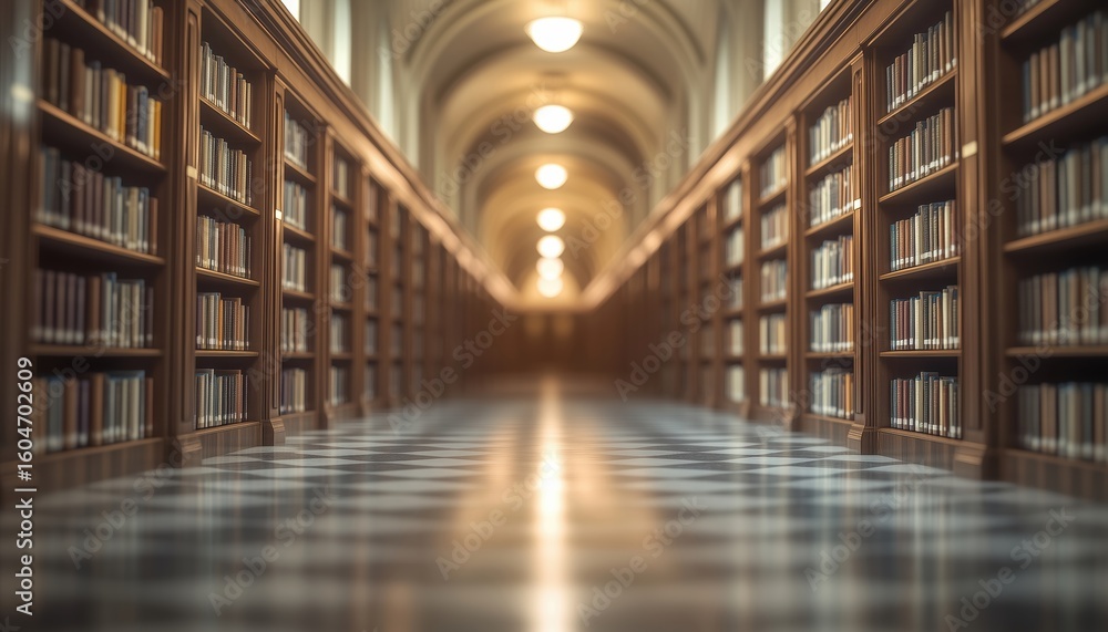 Fototapeta premium Serene Library Corridor With Blurred Bookshelves Encourages Quiet Contemplation And Study In A Peaceful Atmosphere.