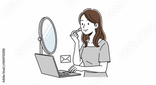 Woman applying makeup while working on a laptop,  reflected in a handheld mirror.