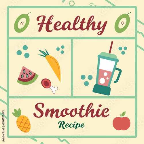 Illustration of a healthy smoothie recipe with fruits, vegetables, and a smoothie in a blender cup