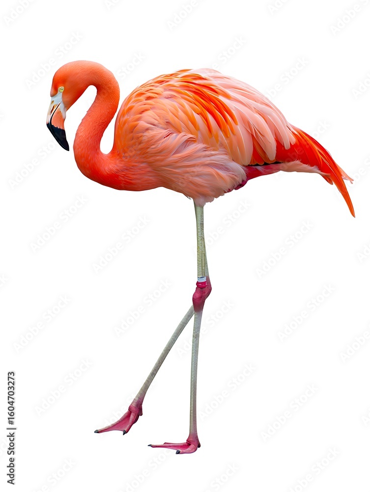 Obraz premium Vibrant flamingo with elegant long legs stands gracefully on white background, showcasing striking plumage