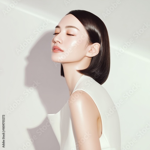 Radiant woman with closed eyes, showcasing flawless skin and elegant style, bathed in soft light