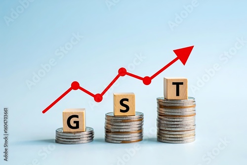 Rising GST rates visualized with stacked coins and upward trend graph, symbolizing economic growth and financial planning.