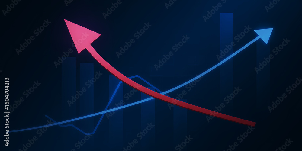 Fototapeta premium Red and blue upward trending arrows on a dark background with vertical bars and lines graph