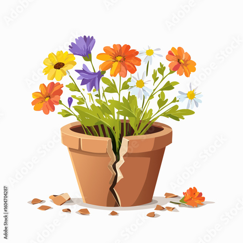 Plant pot breaking into flowers – Pot cracked open with wildflowers blooming out.
