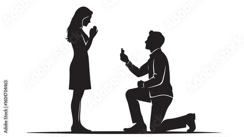 Silhouette illustration of a man proposing marriage to a woman with ring in hand