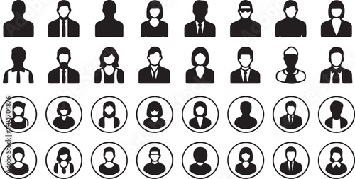 Diverse User Avatars Representing Professionals and Individuals Black and White Vector Icon Set