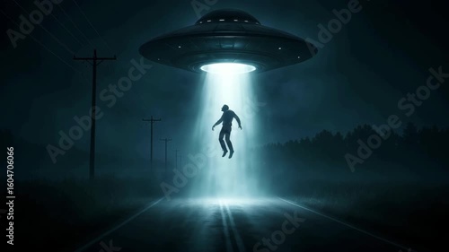 A mysterious scene with a UFO hovering above a dark road. A silhouette of a person is being lifted into the beam of light from the spacecraft. Nighttime atmosphere.