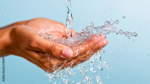 Wallpaper Mural Close-up of hand catching water splash on blue background Torontodigital.ca