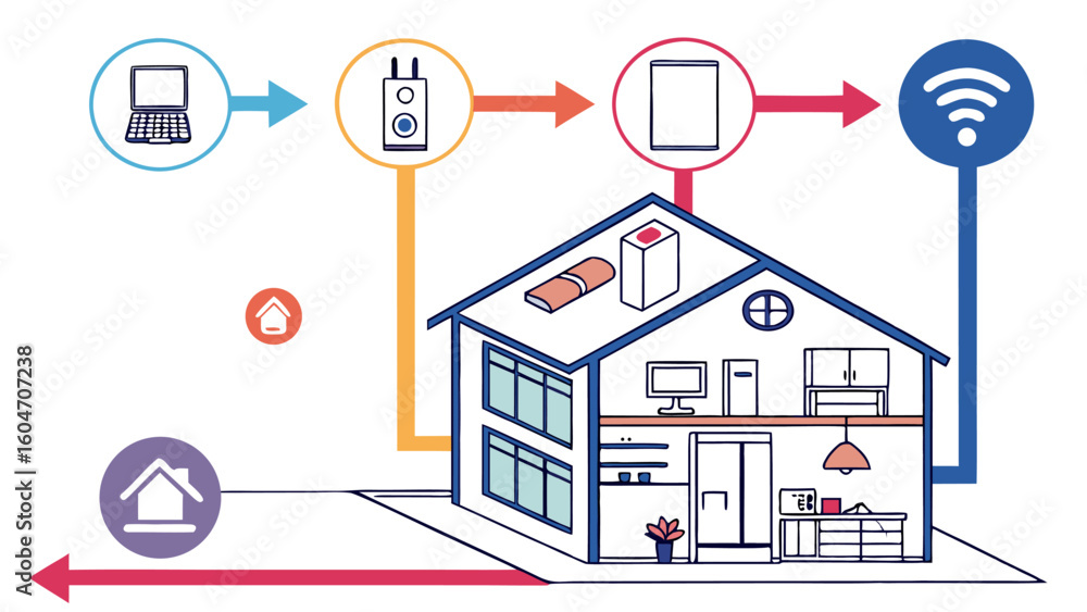 Naklejka premium Diagram showing a house with a wifi connection and devices connected through a central hub system
