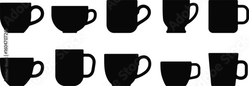 Collection of silhouette coffee mugs and cups on white background