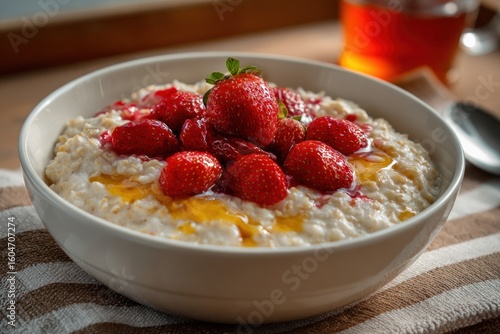 Bowl of oatmeal topped with fresh strawberries and honey