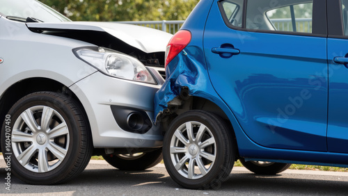 Fototapeta Naklejka Na Ścianę i Meble -  Damaged vehicles minor collision, showcasing silver car with crumpled front and blue car with dented rear. scene highlights aftermath of accident