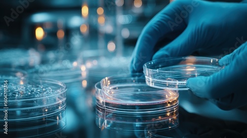 Lab technician in gloves handles petri dishes