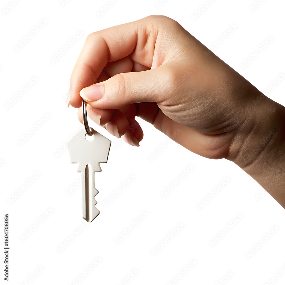 Hand holding white house key isolated on a transparent background image Hand holding white house key isolated on a transparent background image