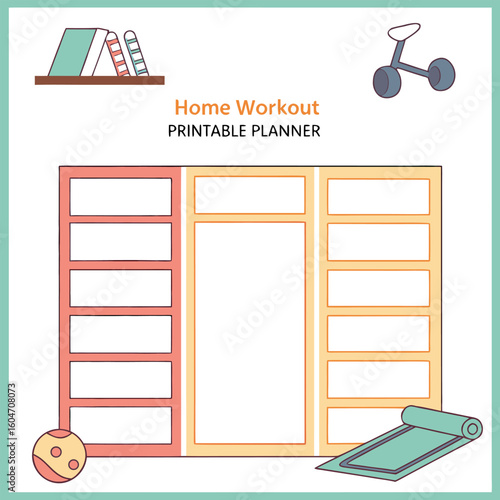 Illustration of a home workout printable planner with books, scooter, ball, and yoga mat on a light background