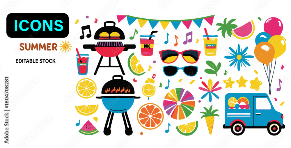 Naklejka premium Happy Summer – Flat Kawaii Beach Icons Set