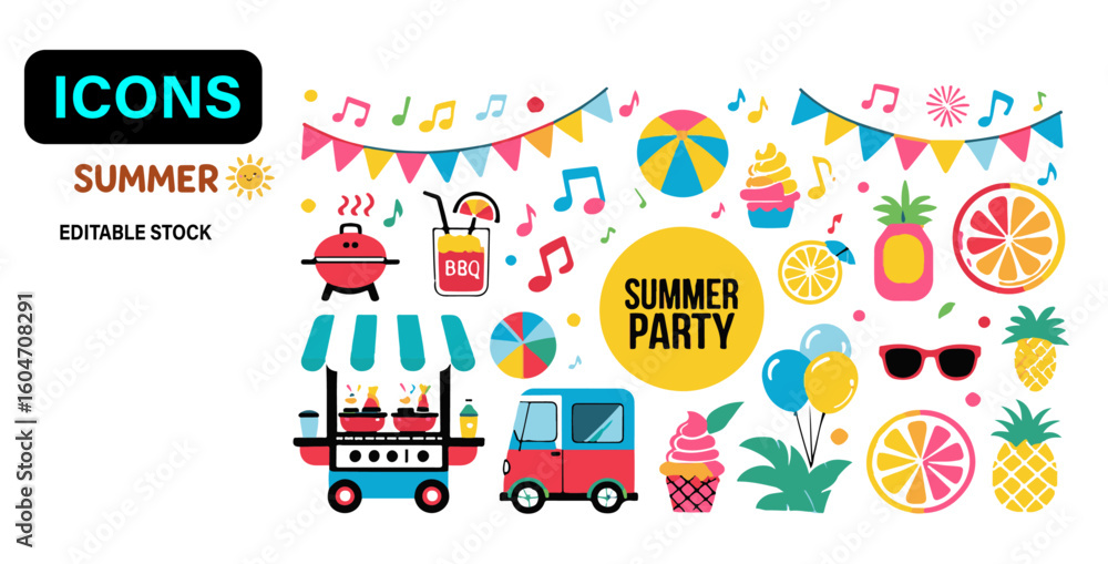 Fototapeta premium Happy Summer – Flat Kawaii Beach Icons Set
