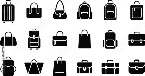 Collection of diverse travel bags and luggage icons in black silhouette