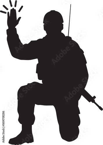 Military soldier silhouette kneeling with raised hand, signaling surrender or stop, representing an urgent call for cease-fire or attention in combat
