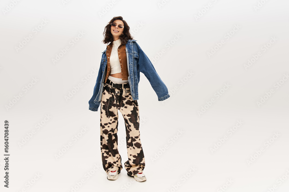 Fototapeta premium Trendy young woman showcases stylish cow print pants in modern studio setting