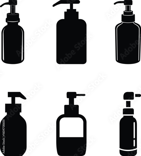 Modern cosmetic bottle collection - 6 pump-style silhouettes, EPS JPEG PNG