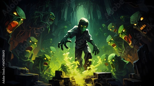 A haunting depiction of a young boy amidst a swarm of monstrous zombies, bathed in eerie green light.