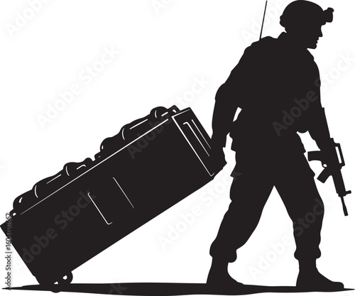 Military soldier silhouette pulling heavy equipment case, representing logistics, deployment, readiness, and vital gear transport for special operations or combat missions