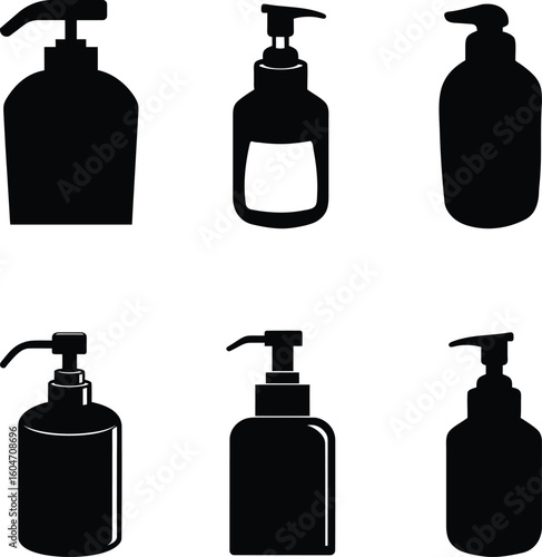 A set of six pump bottle vector silhouette designs. Simple collection. Isolated bundle.