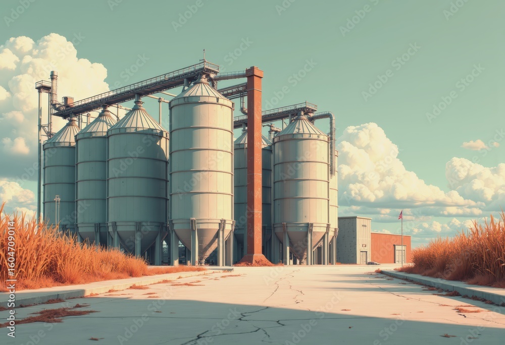 Obraz premium Grain storage facility featuring a pneumatic conveyor system and silos