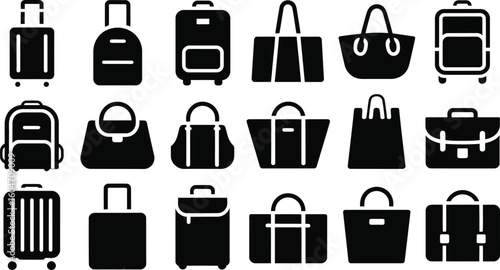 Collection of black silhouette icons representing various types of luggage and bags