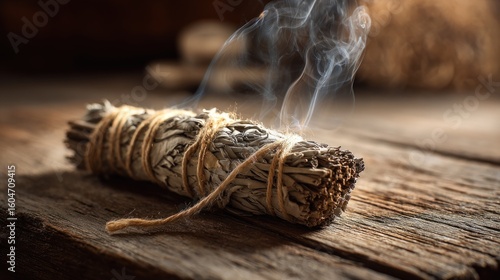 Smoldering sage bundle on rustic wood