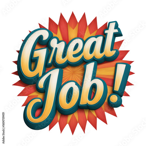 Enthusiastic great job text with a vibrant starburst effect isolated on transparent background