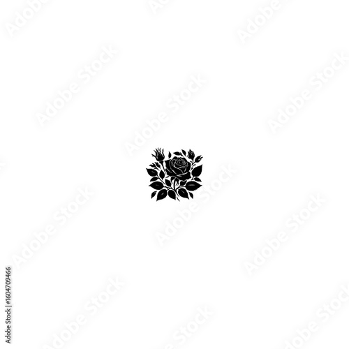A vector illustration featuring a black silhouette of a rose, complete with a rosebud and leaves.
